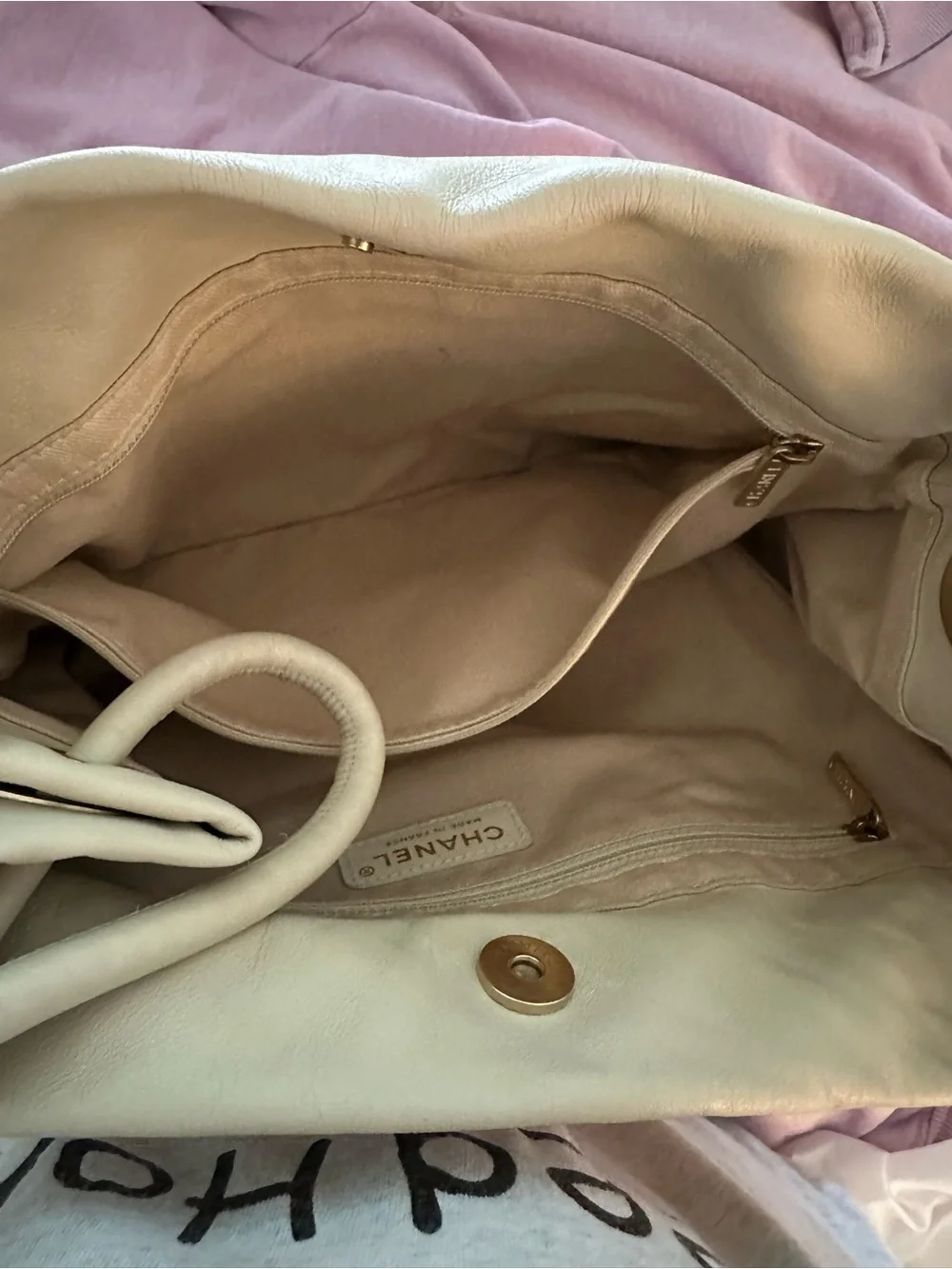CHANEL Cream Shoulder Bag with White Camellia Motif